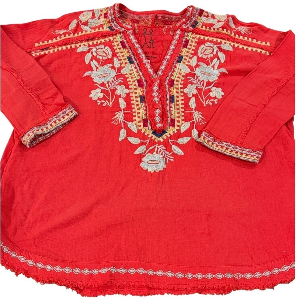 Johnny Was Red Embroidered Floral Boho Peasant‎ Blouse Top Small Coral Red